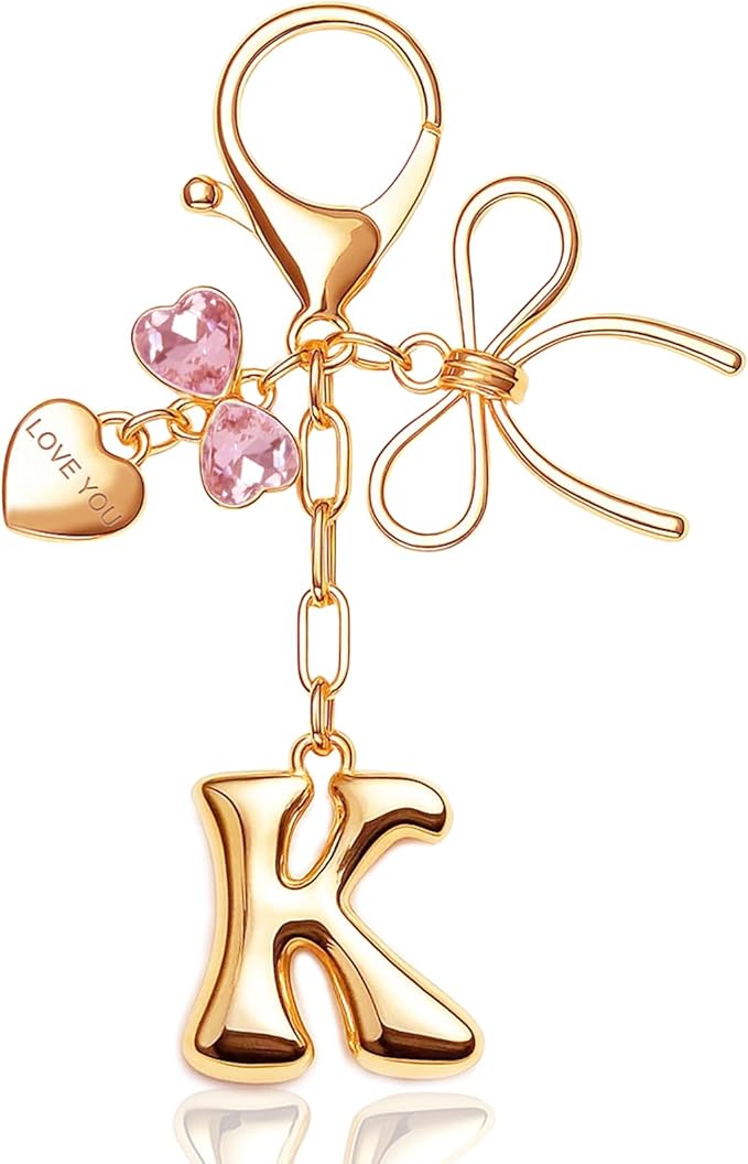 Gold Bubble Initial Keychain with Bow Decoration Bag Charms for Women, Cute Purse Handbag Accessories Gift
