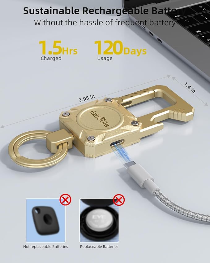 Keychain, Works with Apple Find My, Heavy Duty Keychain Bottle Opener, Carabiner Car Key Chains with GPS Tracker, Key Finder, Bluetooth Tracker for Luggage, Kids, Bags and More, Rechargeable, Gold