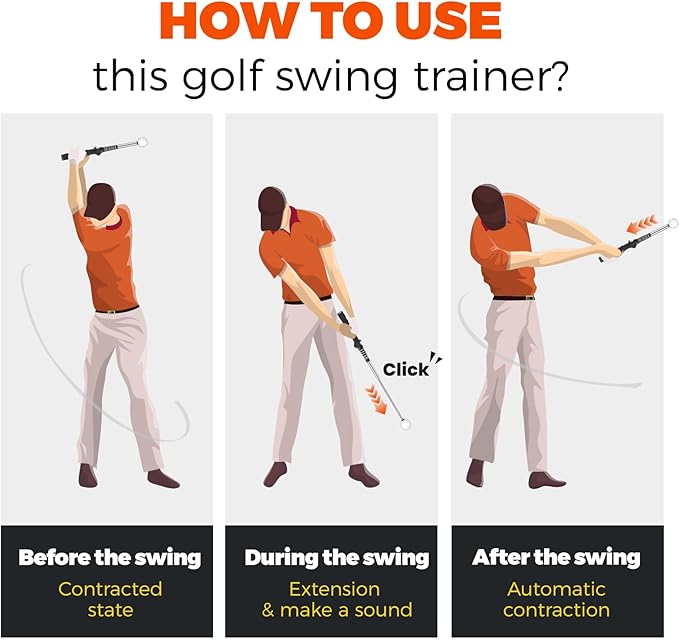 Golf Swing Trainer – Retractable Click Stick Grip & Tempo Trainer for Right-Handed Golfers, Stainless Steel Shaft Golf Training Aid for Indoor & Outdoor Swing Practice
