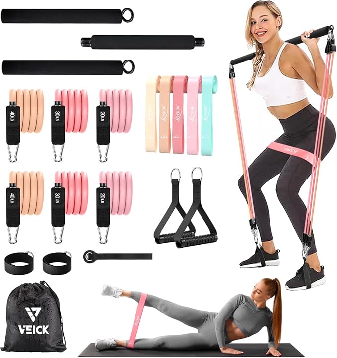 VEICK Pilates Bar Kit with Resistance Bands, Elastic Workout Bands for Men Women, Set of 5 Resistance Loop Bands for Home Fitness Stretching Strength Training