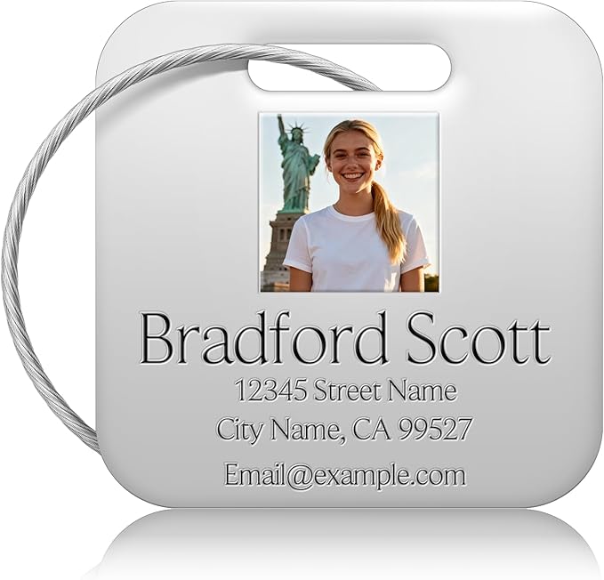 Personalized Luggage Tags - Custom Metal Luggage Tags for Suitcases, Backpacks and Bags with Your Personalized Photo Club Logo Text (Square-Silver)