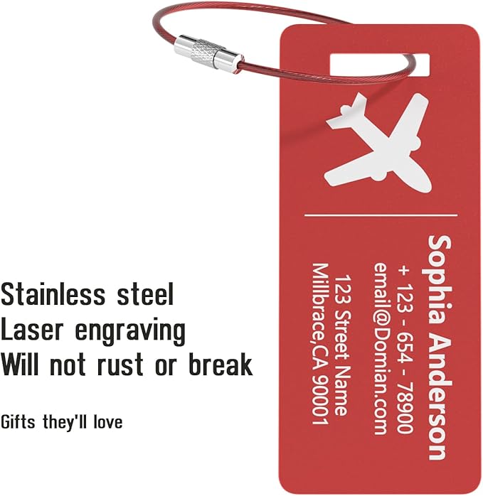 4 Pack Personalized Luggage Tags, Custom Engraved Aluminum Luggage Tags with Your Personalized Text, Waterproof Metal Name Tags with Steel Loop for Bags, Suitcase, Baggage, Backpack (Red, Small)