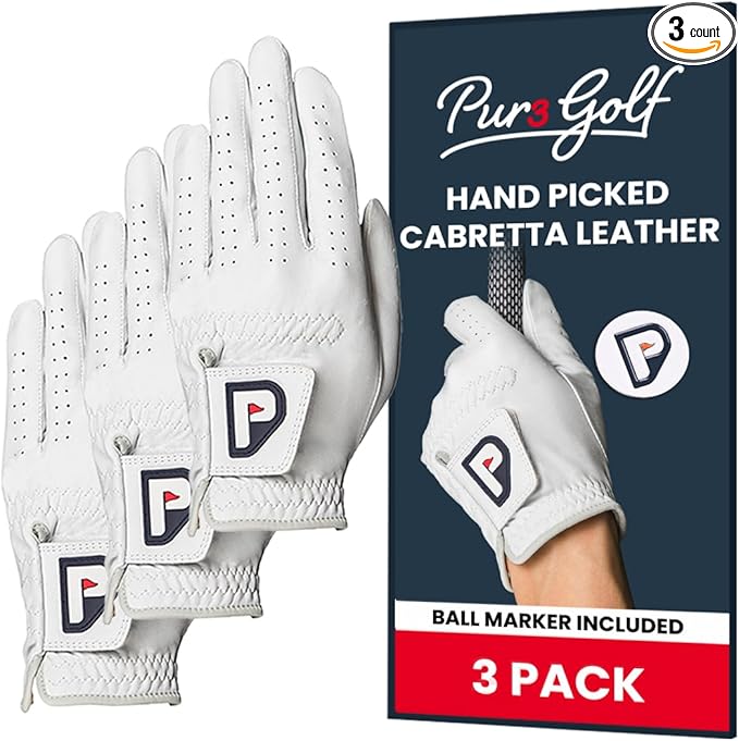 PUR3 Cabretta Leather Golf Gloves Men | Multi-Pack | Real Genuine Ultra Soft Leather Golf Glove | with Ball Marker
