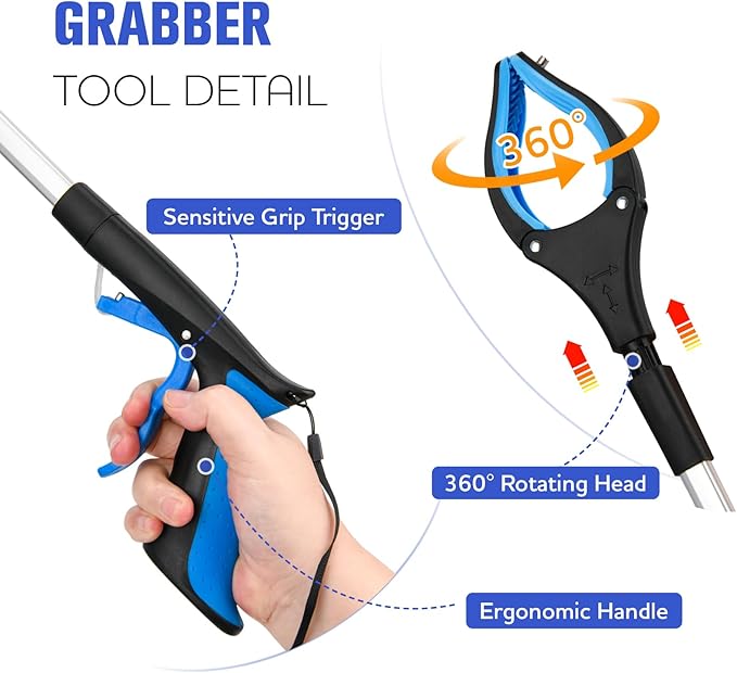 6-Pack 32inch Upgrade Foldable Grabber Reacher Tool, Reacher Grabber Pickup Tool with 4 inch Wide jaw and 360° Rotating Head,Grabbers for Seniors Outdoor & Indoor (Blue)
