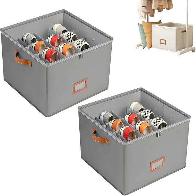 Atlodas Fabric Shoe Organizer Storage Box, 2 Pack Foldable Shoe Storage Organizer Box Bin with Adjustable Dividers and Clear Cover, Fits up to 8-16 Pairs (Gray, 2Pcs)