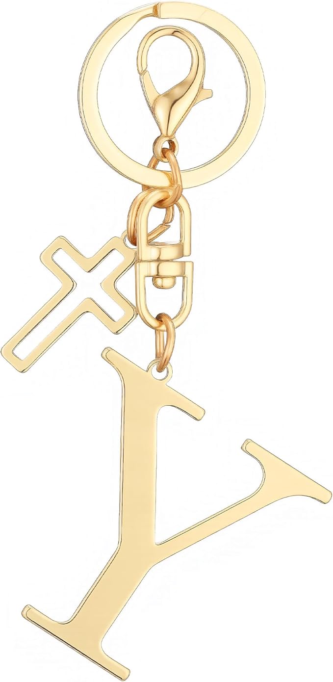 Gold Initial Keychain for Women A-Z Letter Cross Keychains Alphabet Key Chain bag Accessories Gift for Christian