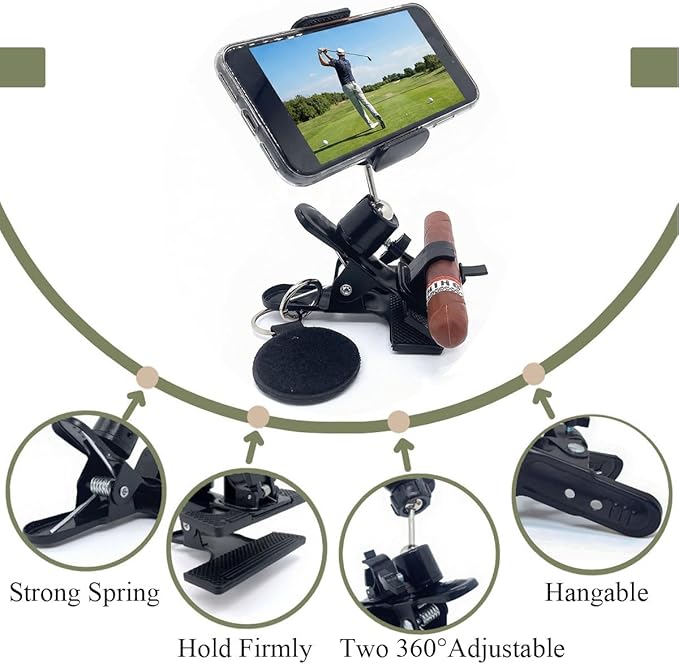 Golf Bag Phone Holder, Phone Caddy for Golf Cart Record Your Golf Swinging Two 360°Fully Adjustable Golf Cart Phone Mount Clip with Golf Glove Holder for Fishing Grilling Riding Golf Gifts for Men