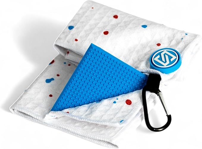 Premium Magnetic Golf Towel | Super Strong Magnet | Absorbent Microfiber Waffle Design | Built-in Silicone Brush | Golf Towels for Golf Bags (Red & Blue Drip)