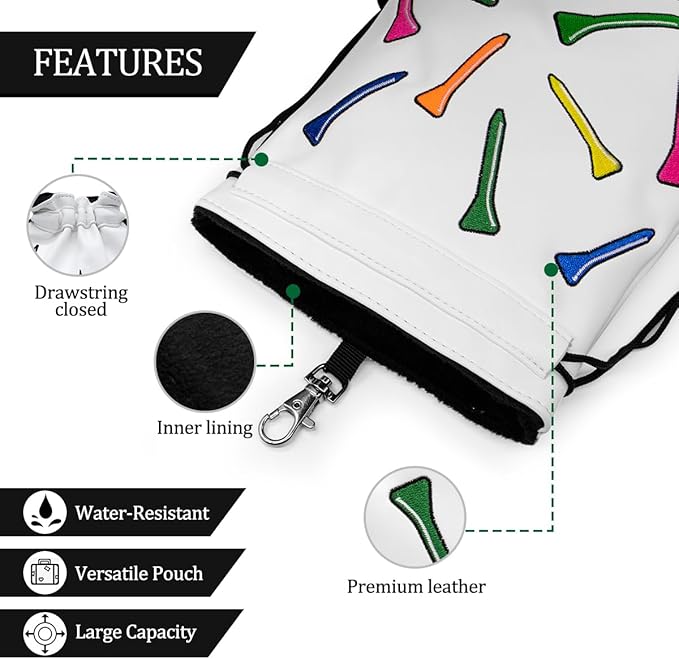 montela golf Valuables Pouch,Golf Bag Pouch with Drawstrings Golf Tee Bag Leather Golf Tee Pouchs for Men Women (Colorful Tee)
