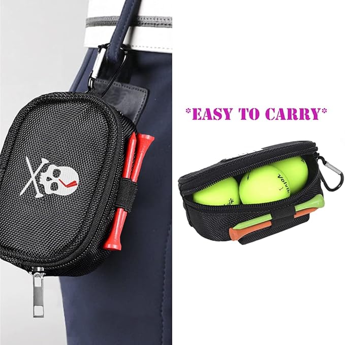 Skull Golf Ball Pouch Golf Tee Organizer Bag Golf Accessory Holder Waist Belt Polyester Key Storage Marker Component Pocket Zipper Hook Durable Sports Small Black Gift for Dad Men Women