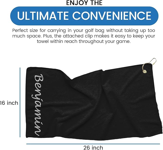 Personalized Passion Golf Towel with Embroidered Name - 16"x26" Cotton Plush Velour Golf Towels with Clip for Men and Women - Accessories Gifts for Golfers - Black