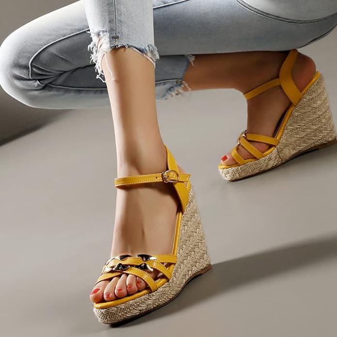 VOKLIN Women's Casual Espadrilles Wedge Sandals Open Toe Ankle Strap Metallic Chunky Platform Dressy Sandal