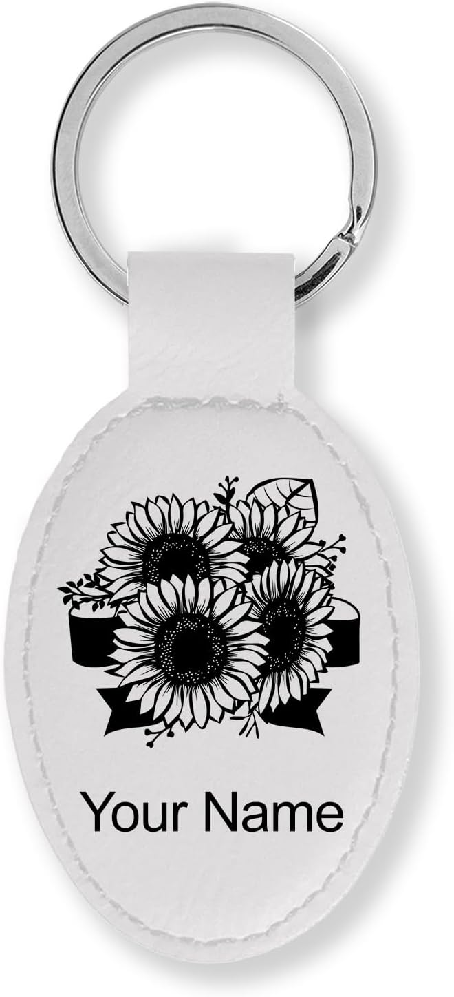 LaserGram Oval Keychain, Sunflowers, Personalized Engraving Included