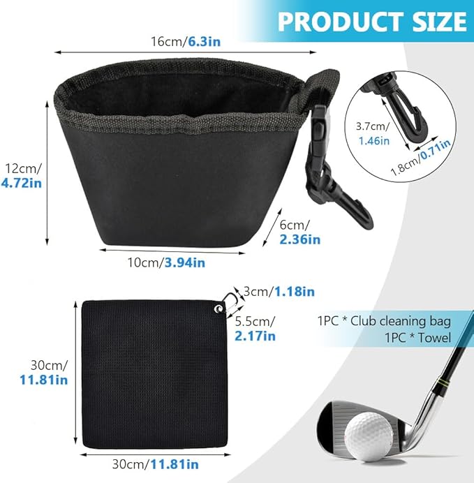 Golf Club and Golf Ball Cleaning Bag - Cleans Club Grooves, Portable Waterproof Clean Face Tech, Detachable Clip, Quick Dirt & Grass Removal, for Golfers
