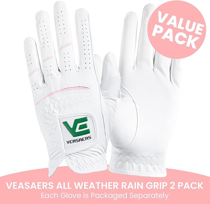 Premium All Weather Grip Golf Gloves Women's 2 Pack, Soft Comfortable & Rain Grip Hot Wet Left Hand for Right Handed Golfer, Breathable No Sweat Fit Size Small Medium Large