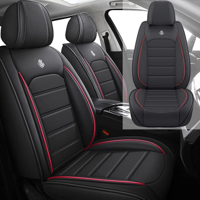 Leather Car Seat Covers for VW Golf SportWagen 2015-2019,Waterproof Soft Seat Covers,Interior Accessories Seat Covers Protector Airbag Compatible(2pcs Black&Red Standard)