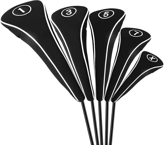 Golf Club Head Covers with Zipper - Balck Golf Club Covers for Woods and Driver Fairway Hybrids, Golf Accessories Headcovers Set