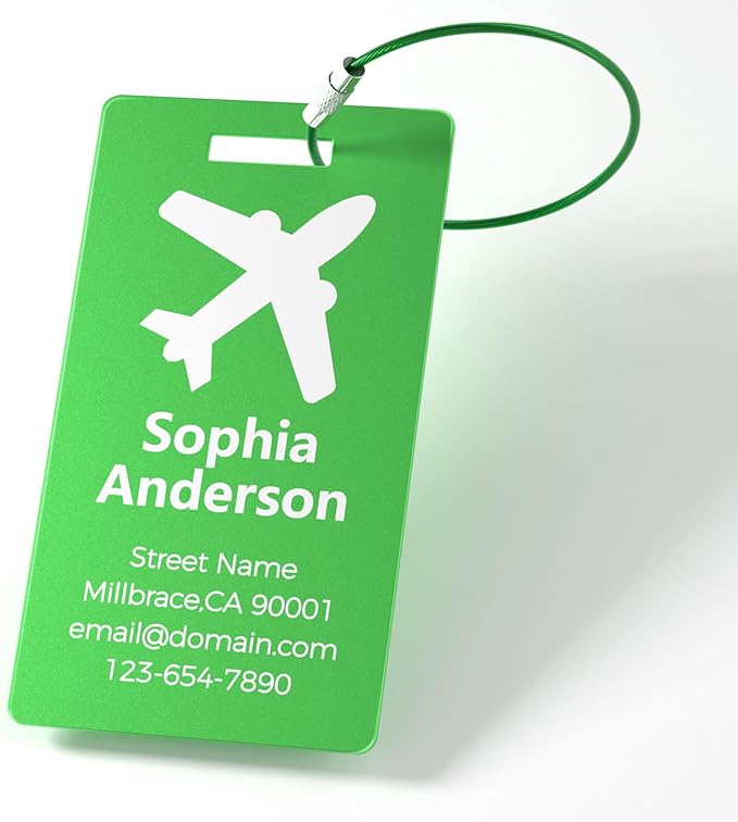 4 Personalized Metal Luggage Tags for Suitcase, Laser Engraved with Text and Logo, Custom Aluminum Name Tags with Stainless Steel Ring, for Travel, Golf Bag, and Baggage (Blue)