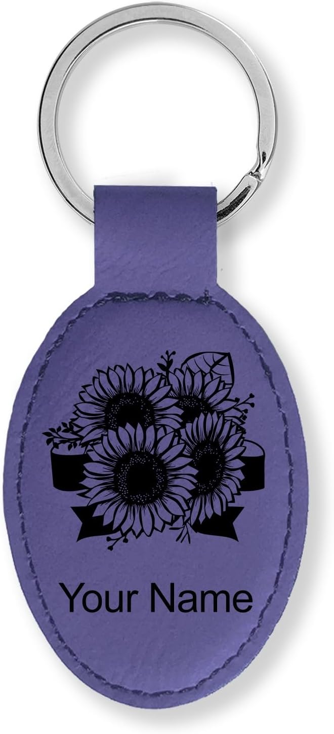 LaserGram Oval Keychain, Sunflowers, Personalized Engraving Included