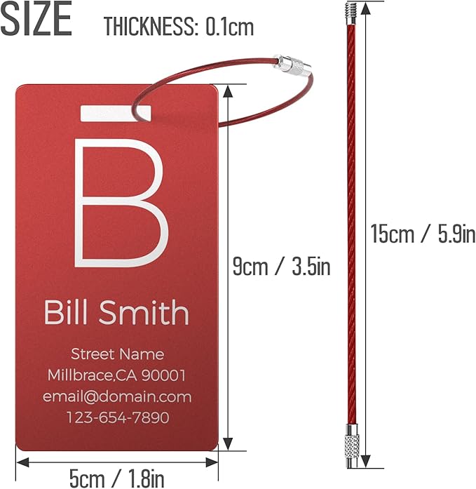 4 Pack Personalized Luggage Tags, Custom Engraved Aluminum Luggage Tags with Your Personalized Text, Waterproof Metal Name Tags with Steel Loop for Bags, Suitcase, Baggage, Backpack (Red, Large)