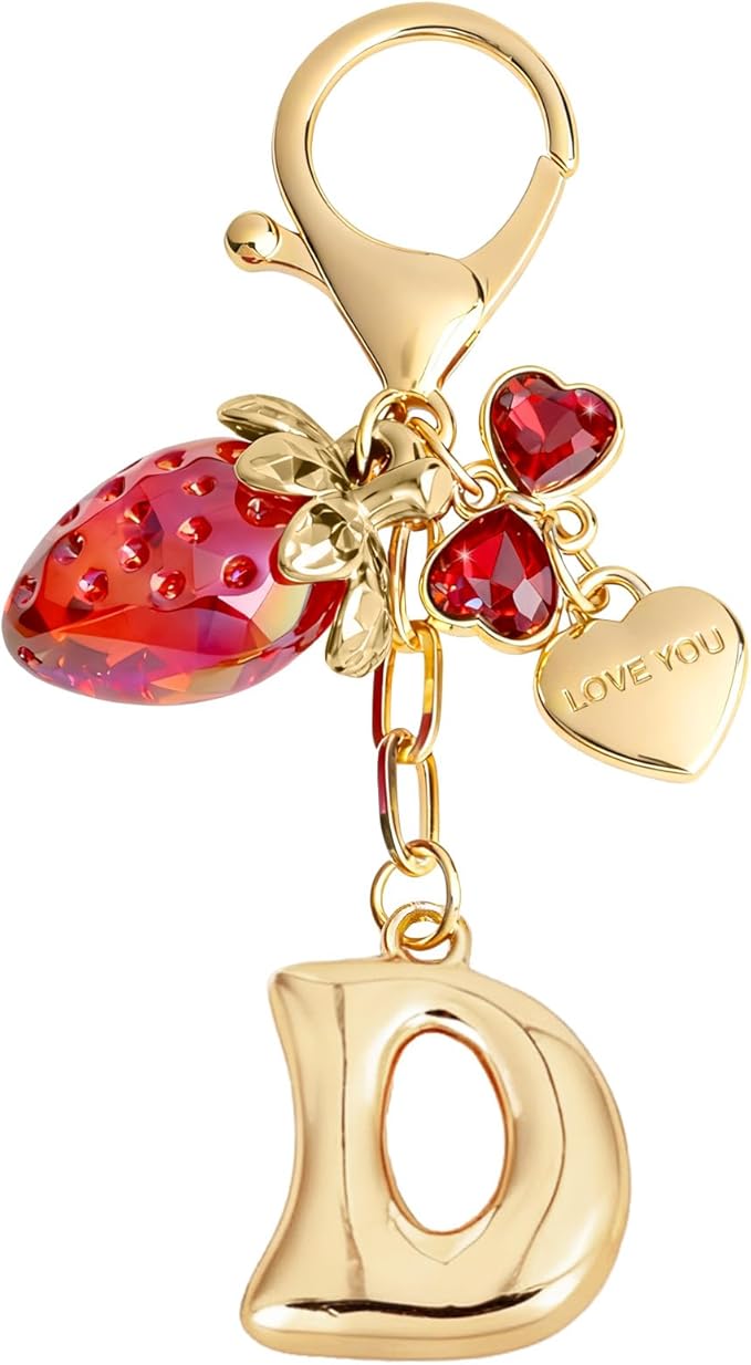 Snycler Bubble Initial Keychain with Strawberry & Bow- Gold Letter Bag Charms for Women, Cute Purse Handbag Accessories