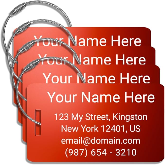Personalized Luggage Tags for suitcases - Customized Laser Engraved Metal Name Tags with Stainless Steel Wire Loops Pack of 4 (Red, 2x3.5)