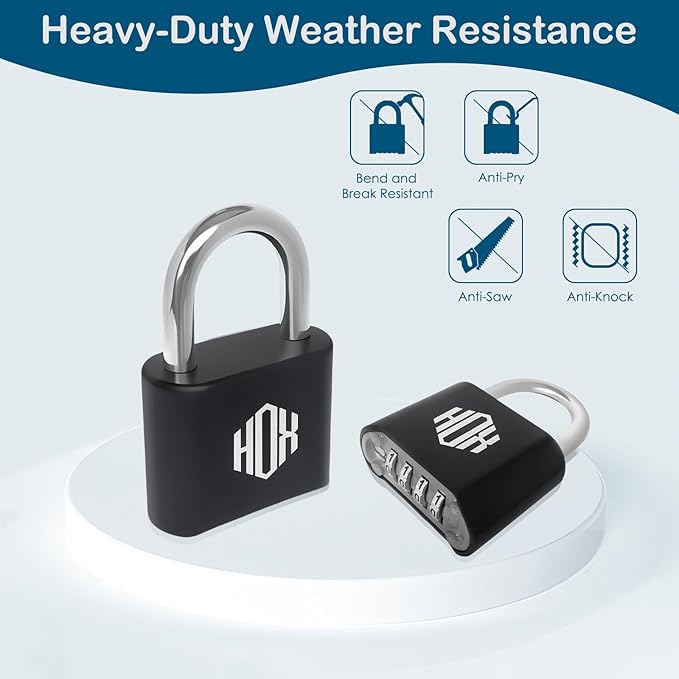 HOX 4 Digit Combination Lock, Outdoor Padlock - Heavy Duty Locker Lock with Hardened Steel Shackle, Waterproof Combo Lock for Gym Locker, Hasp Storage, Shed, Fence (Black, 2 Pack)