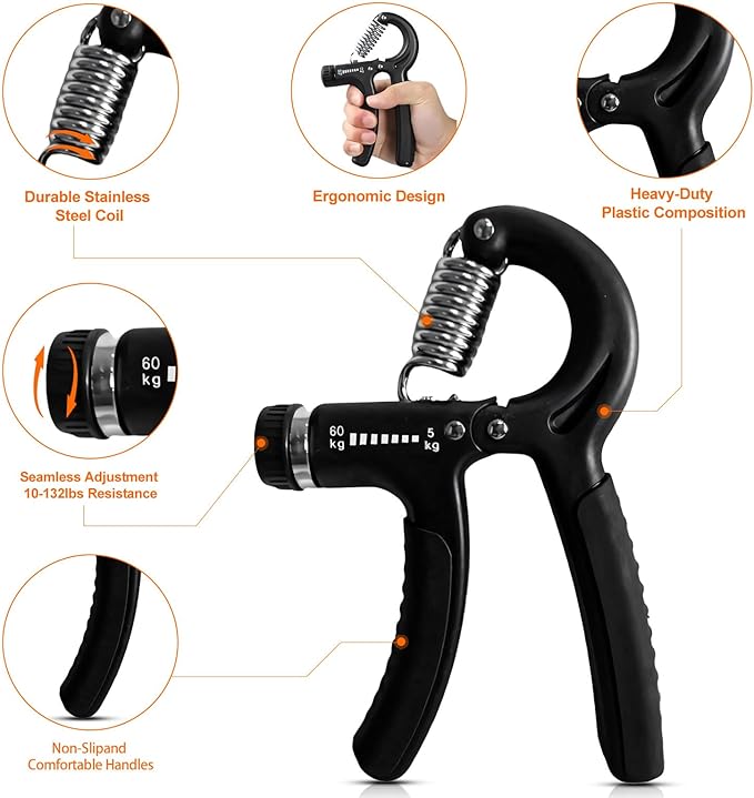 Adjustable Hand Grip Strengthener, 5-60 kg Resistance Range, Multiple Exercise Methods, Black, Set of 2