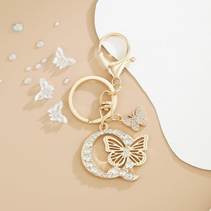 Gold Plated Alphabet Initial Letter Keyring Keychain for Women Girls Crystal Key Chains for Wallet Backpack Bag Charm