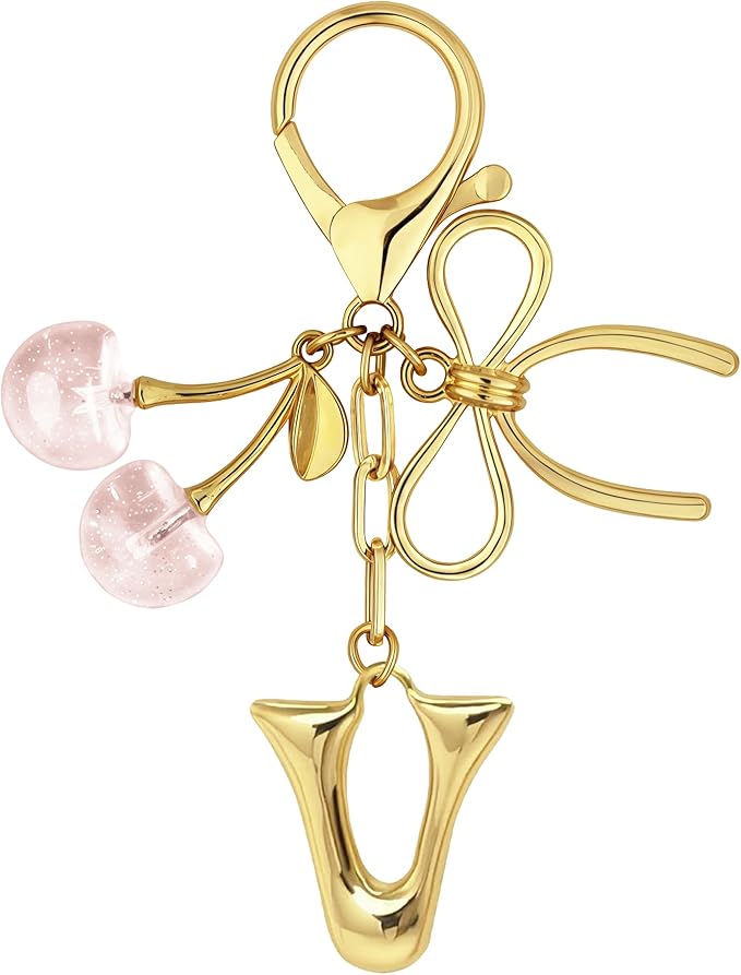 Gold Bubble Heart, Cherry, Bow & More Designs Letter Initial Keychain Bag Charms – Cute Purse Charms for Handbags