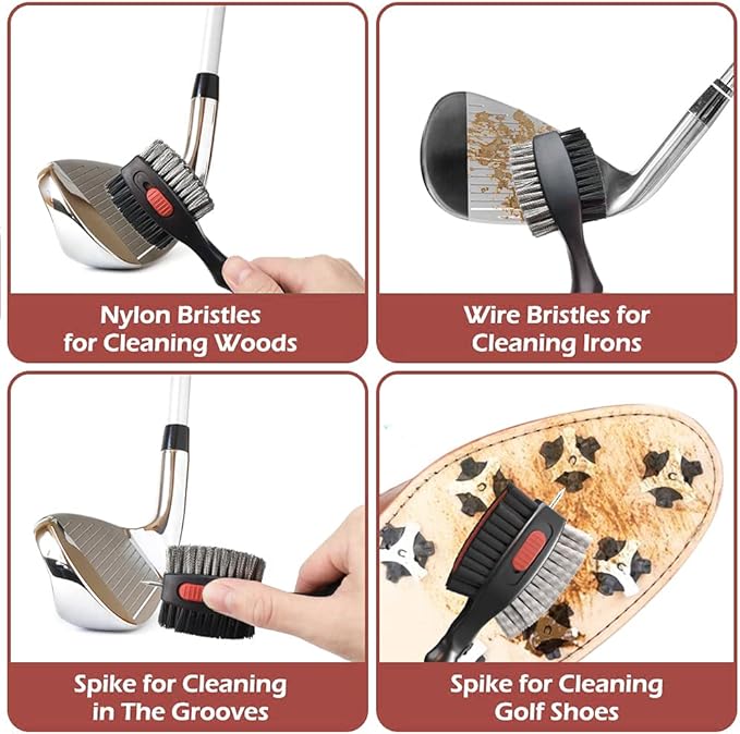 THIODOON 2 Pack Golf Club Brushes and Groove Cleaner 2 ft Retractable Zipline Carabiner Golf Brush Head with Retractable Spike Comfortable Grip Golf Club Cleaner