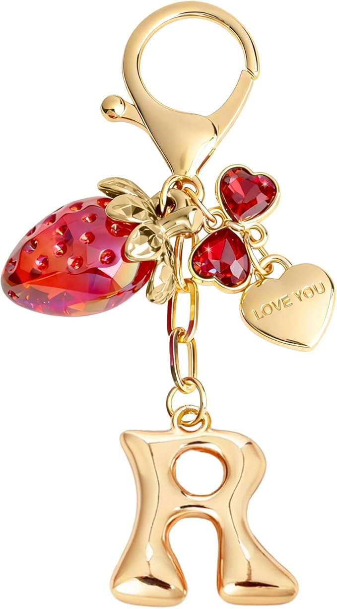 Snycler Bubble Initial Keychain with Strawberry & Bow- Gold Letter Bag Charms for Women, Cute Purse Handbag Accessories