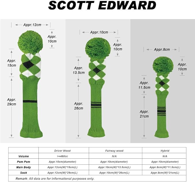 Scott Edward Knit Wood Golf Club Head Covers 4 Pieces Knitted Item Fit Over Well Driver Wood(460cc) Fairway Wood and Hybrid(UT)