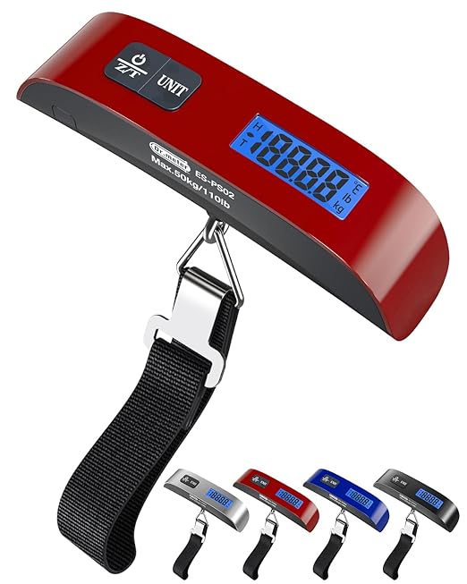 Luggage Scale, Dr.meter Luggage Weight Scale Backlight LCD Display PS02 110lb/50kg Electronic Balance Digital Postal Travel Accessories with Rubber Paint Handle Temperature Sensor, Red
