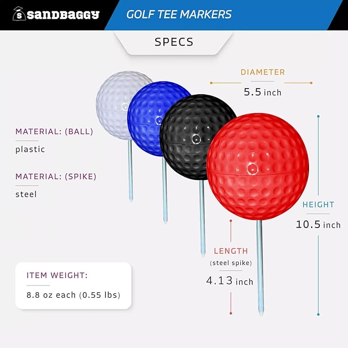 Sandbaggy Plastic Tee Markers for Golf Course (UV Resistant) - Steel Spike - Safety Caps Included