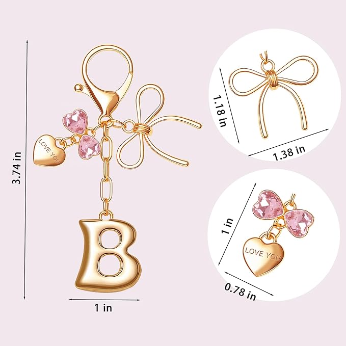 Gold Bubble Initial Keychain with Bow Decoration Bag Charms for Women, Cute Purse Handbag Accessories Gift