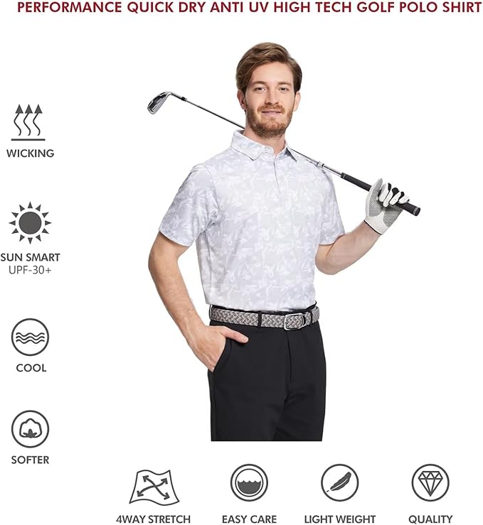 Golf Shirts for Men Dry Fit Short Sleeve Print Performance Moisture Wicking Polo Shirt
