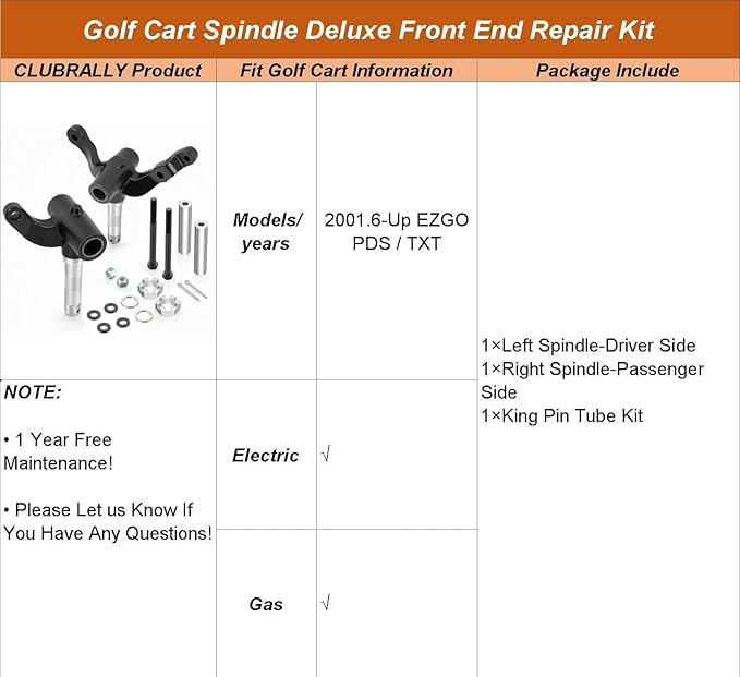 Golf Cart Spindle Deluxe Front End Repair Kit, Spindle Assembly Include Passenger Side & Driver Side, Fit for EZGO PDS/TXT 2001.6-Up Electric & Gas Golf Cart, OEM# 70673-G02, 70942-G02