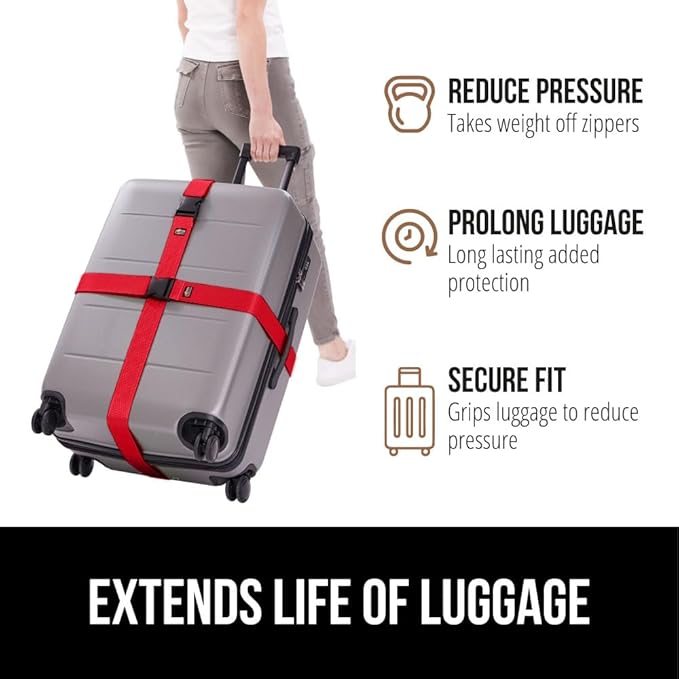 GORILLA GRIP Heavy Duty Adjustable Luggage Straps for Suitcases, Easy to Identify Travel Belt Connector Holds Suitcase Together, Extends Life of Bag, Strap Connects Two Bags, Accessories 2 Pack Red
