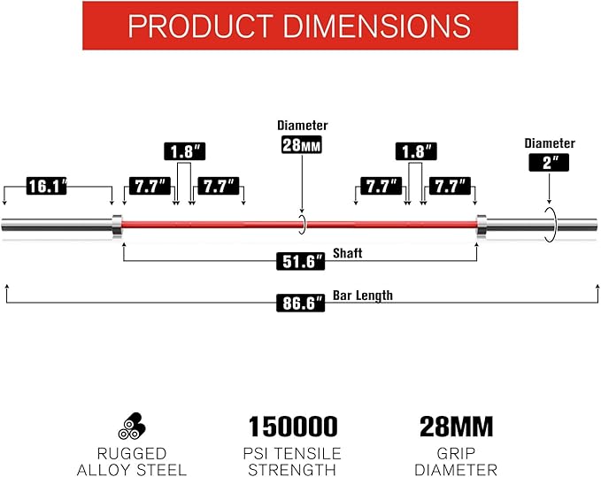 RITFIT 7FT Olympic Barbell for Strength and Weightlifting Training - 2 Inch Olympic Bar for Squat, Deadlift, Bench Press, Curl, Overhead Press - 500lbs/1000lbs/1500lbs Capacity