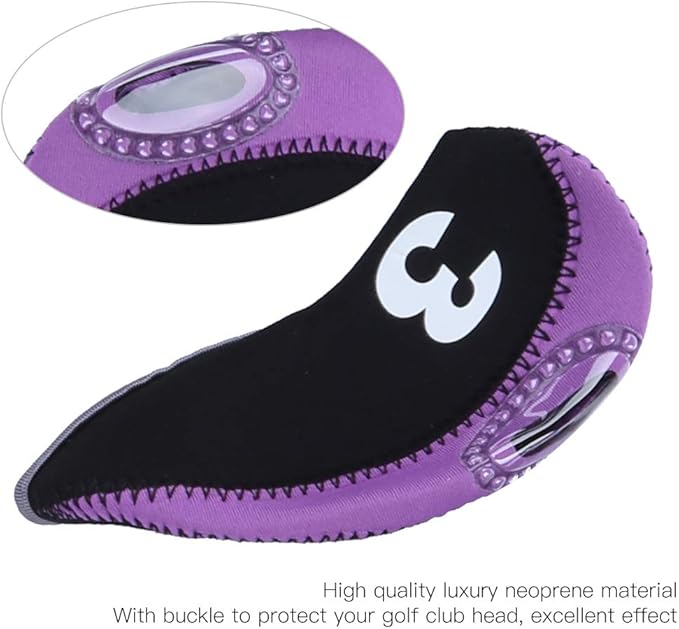 10Pcs Head Covers for Golf Clubs, Neoprene Golf Iron Covers Set with Number Convenient, Soft Universal Iron Club Head Cover for Outdoor, Sports Lovers, Black Purple