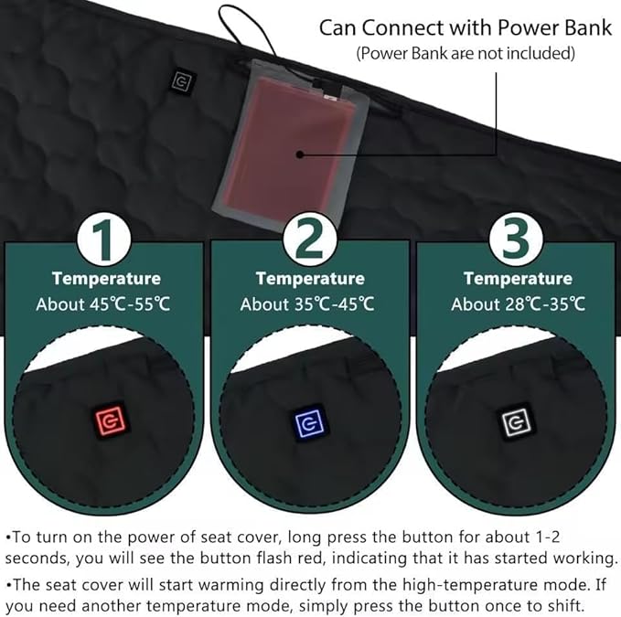 Universal Heated Golf Cart Seat Cover - Waterproof Golf Cart Heater Accessory w/ 4-Zone Warmth, 3 Heat Levels, USB/Type-C & 12V Plug for EZGO/Yamaha/Club Car (Black)
