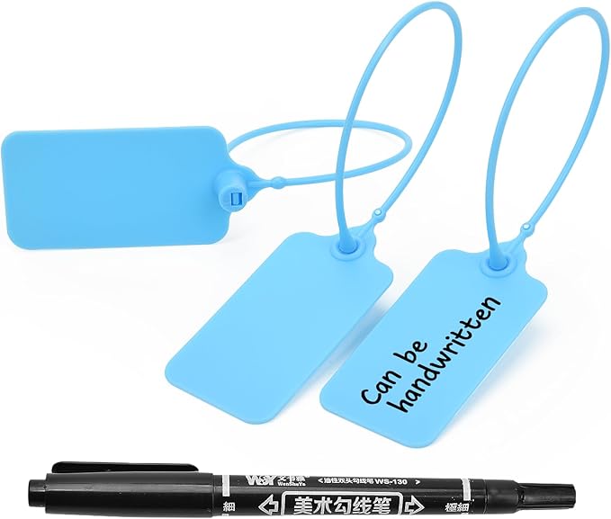 100pcs Luggage Tags Plastic Seals Shipping Label Logistics Sign Tie Bag Tag, Sealing Storage Multi Purpose Name ID Tag with Marker for Suitcases, Backpack, Schoolbag, Car Key (Blue)