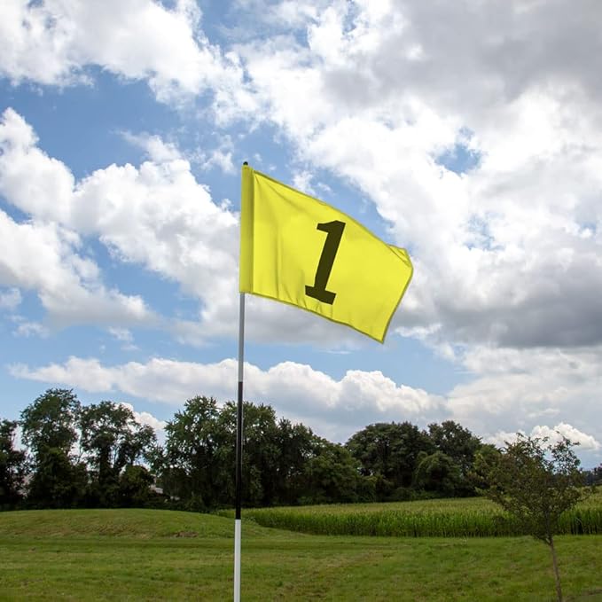 Vispronet Numbered Golf Flags for Putting Green (18) – 20in x 14in Yellow & Black Flags Numbered 1-18, Golf Range Accessories for Courses, Outdoor Hole Flag, Durable Polyester Material