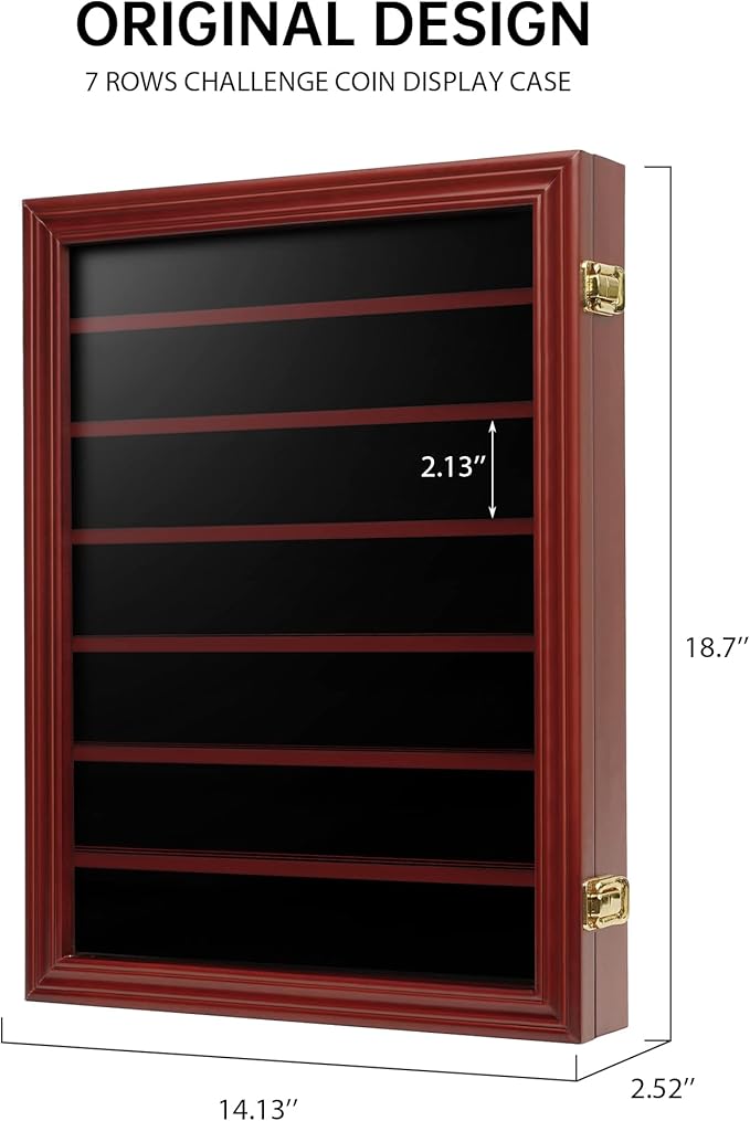 7 Rows Challenge Coin Holder Display Case with HD Tempered Glass Holds 100 coins, Wall-Mountable Military Shadow Box Cabinet with Removable 2-Groove Shelves for Medals and Casino Poker Chips, Mahogany