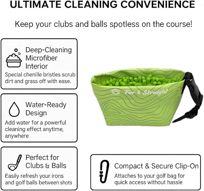 FAR&STRAIGHT Golf Club & Ball Cleaning Pouch – Soft Microfiber Interior for Gentle Cleaning – Clip-On, Waterproof Bag