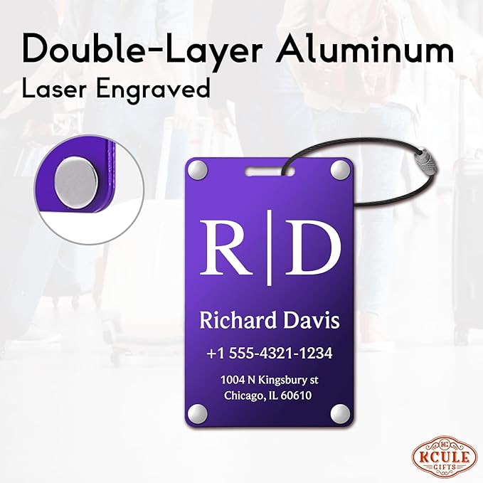Personalized Luggage Tags for Suitcases - Monogram Style Aluminum Custom Luggage Tags for Backpacks & Bags, Sturdy, Waterproof & Heavy Duty (Purple/Card-Sized)
