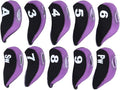 10Pcs Head Covers for Golf Clubs, Neoprene Golf Iron Covers Set with Number Convenient, Soft Universal Iron Club Head Cover for Outdoor, Sports Lovers, Black Purple