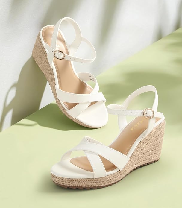 Ankis Wedge Sandals for Women, Espadrille Womens Wedge Sandals Comfortable Open Toe Cross Band Ankle Strap High Heel Wedges for Women Dressy Summer -3.4Inch