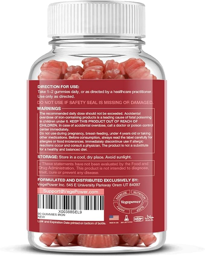 Vegan Iron Gummies Supplement - Multivitamin Supplement with Vitamin C, A, B & Zinc - Health Blood & Energy Support for Iron Deficiency, Anemia, No After Taste - Peach Flavor（2 Packs）